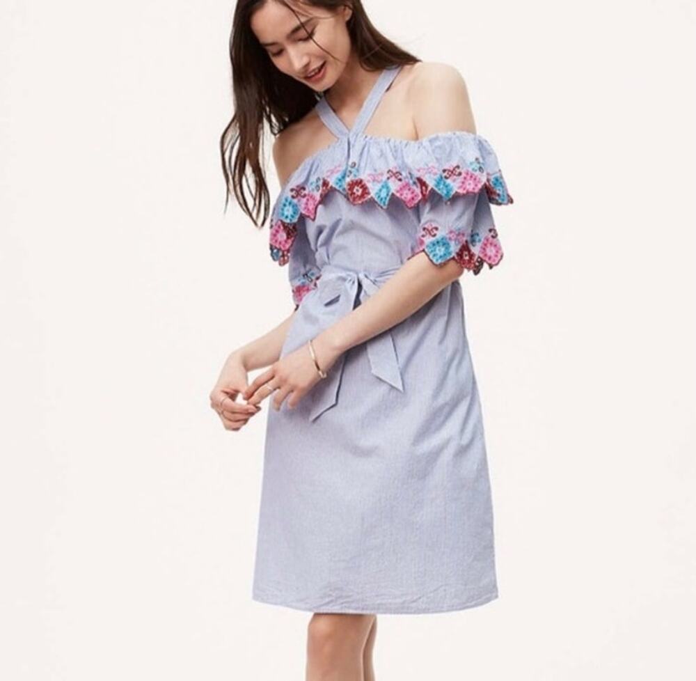 Loft Fiesta Halter Cold Shoulder Poplin Cotton‎ Striped Dress NWT Size M